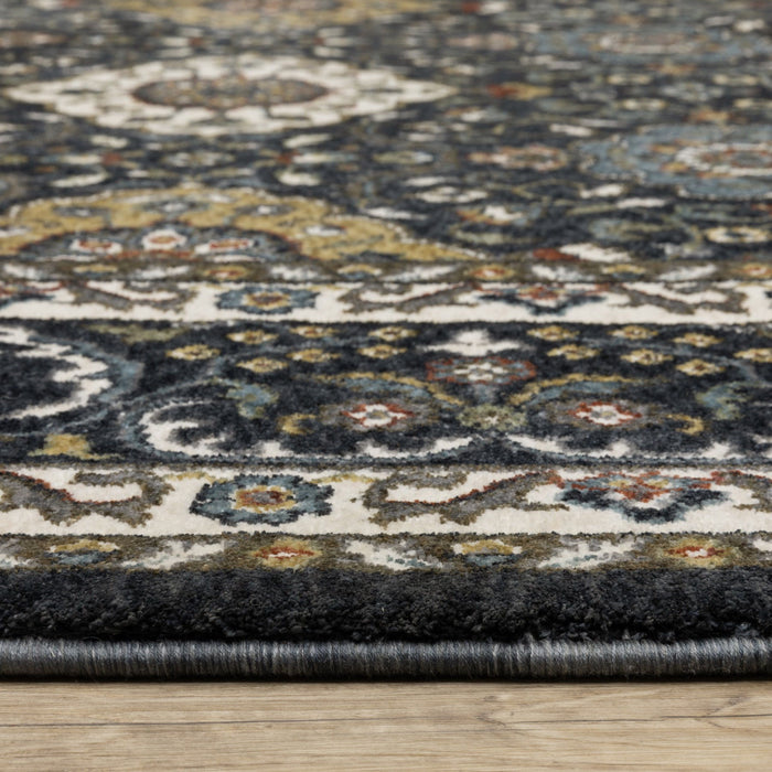 10' X 13' Medallion Area Rug With Fringe - Navy Blue And Gold