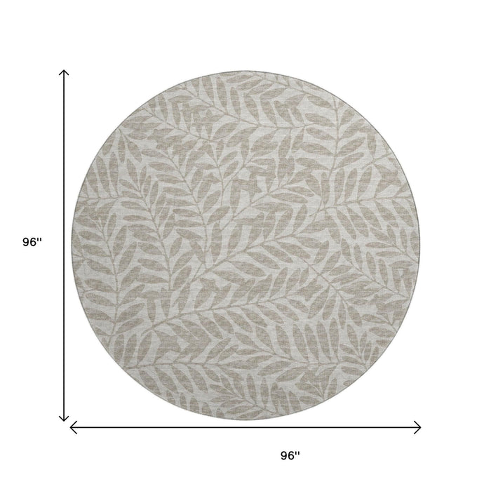 8' Botanical Leaves Washable Round Rug With UV Protection (644847) - Taupe / Ivory