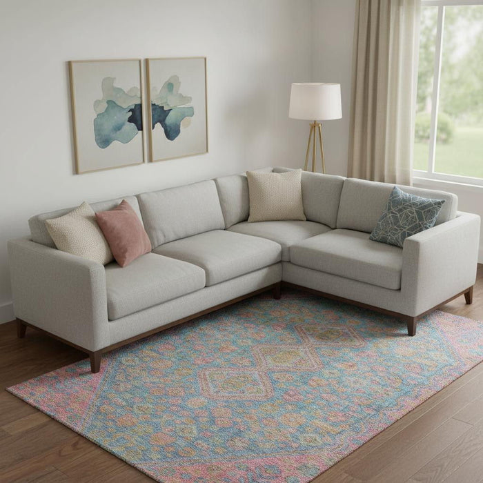 10' X 14' Geometric Washable Area Rug With UV Protection (705185) - Sky Blue / Teal / Blush