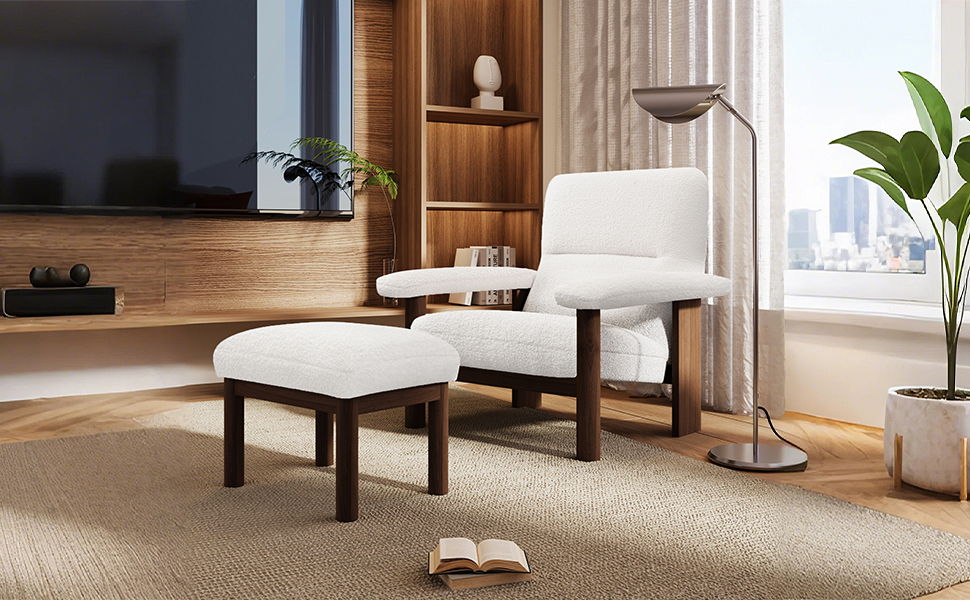 Giga modern white accent lounge chair with matching ottoman, fabric upholstery, solid wood frame, in a contemporary living room setting.