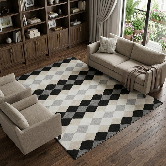 10' X 14' Geometric Washable Area Rug With UV Protection (679036) - Black / Gray / Ivory