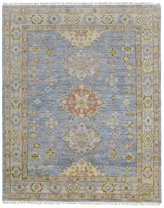 8' x 10' Wool Geometric Hand Knotted Area Rug With Fringe - Green Blue And Yellow