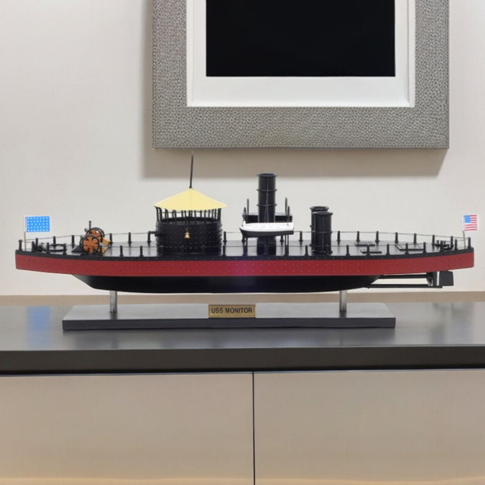 Hand Painted 1862 USS Monitor Model Boat - Black / Red