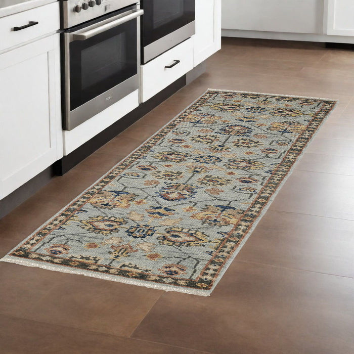 8' Oriental Hand Knotted Runner Rug With Fringe - Gray And Gold