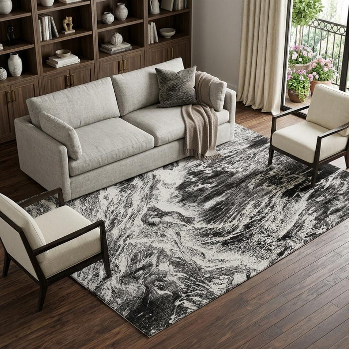 10' X 14' Abstract Washable Area Rug With UV Protection (676770) - Black / Ivory