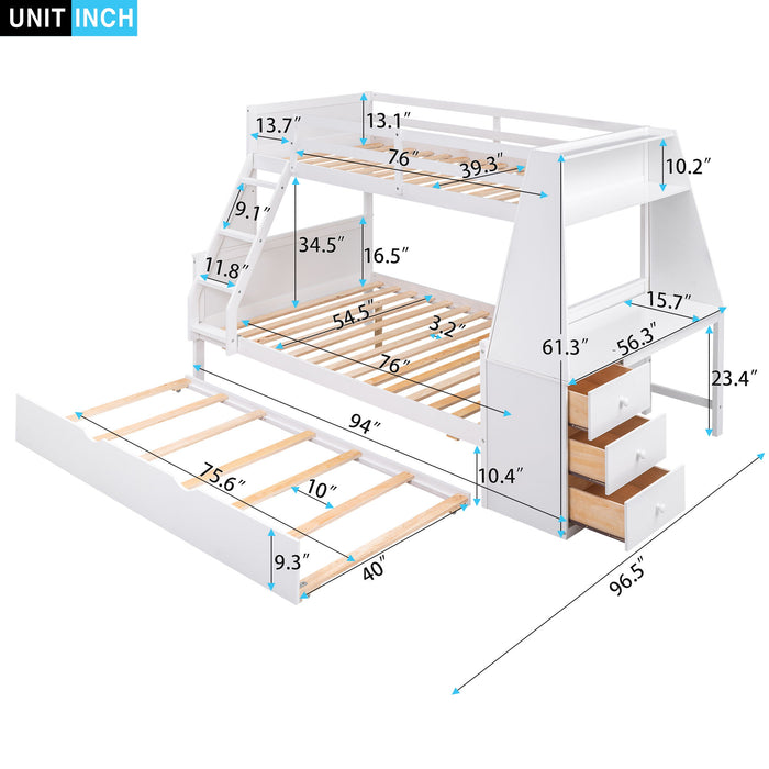 Giga bunk bed with built-in desk, trundle, three storage drawers, and a shelf, showcasing a modern space-saving design.
