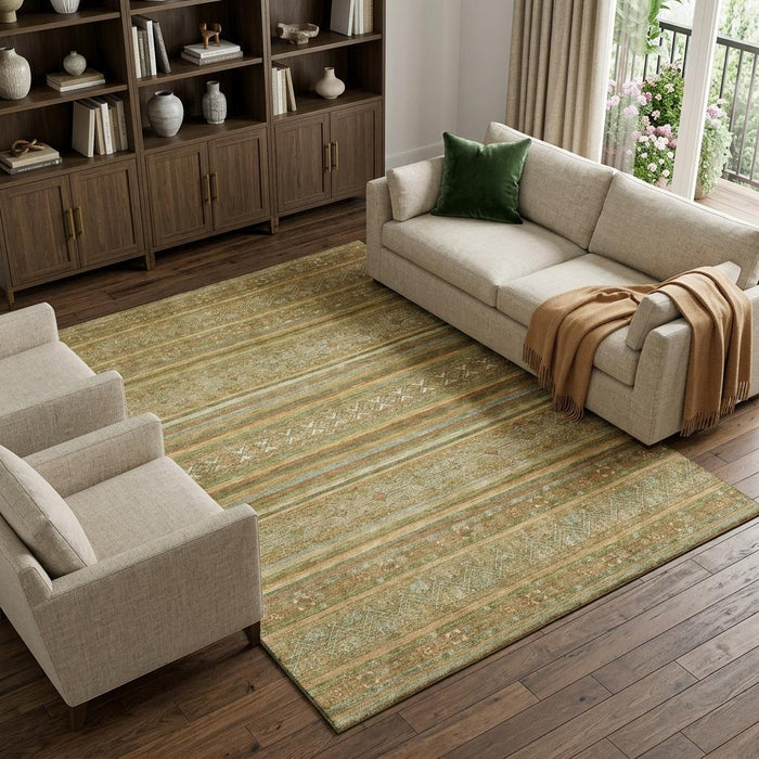 10' X 14' Striped Washable Area Rug With UV Protection (695786) - Artichoke Green / Gold / Gray