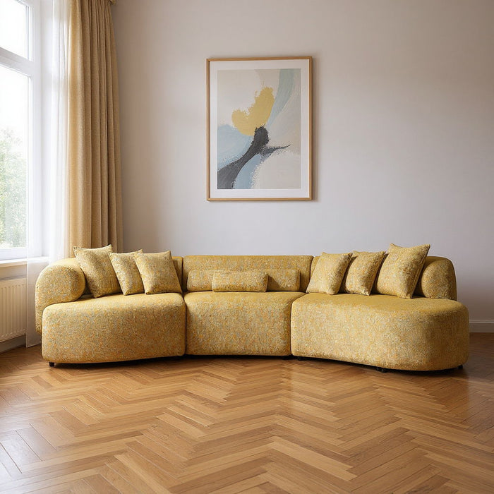 Mustard Boucle Modular Curved Three Piece Sectional With Toss Pillows - Mustard