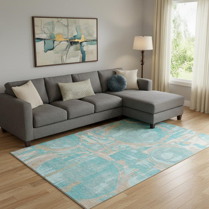 10' X 14' Geometric Washable Area Rug With UV Protection (667885) - Teal / Taupe / Beige
