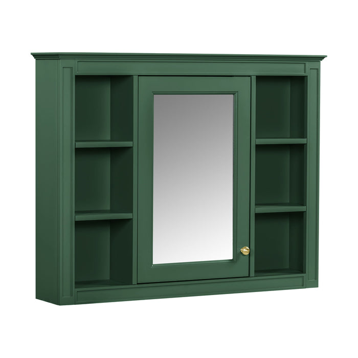 Giga wall-mounted medicine cabinet with mirror, featuring six open shelves and adjustable interior storage for bathroom use.