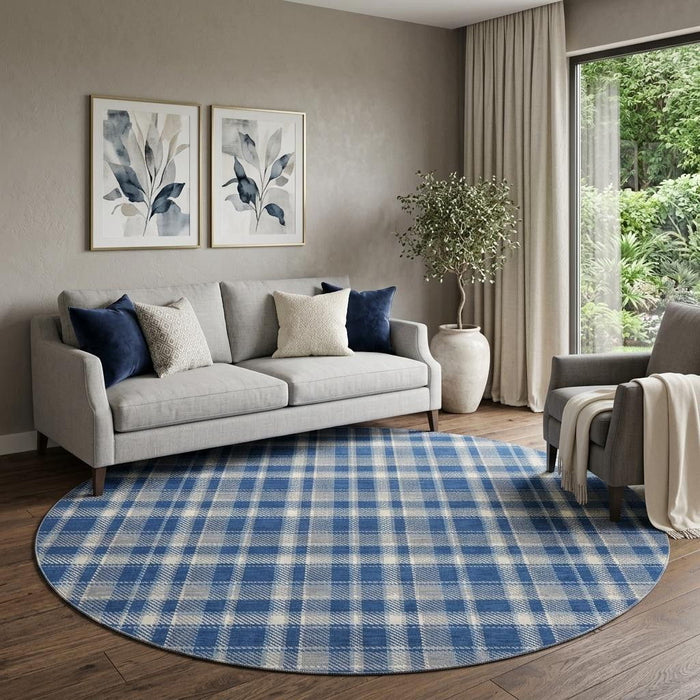 8' Plaid Washable Round Rug With UV Protection (649447) - Navy Blue / Ivory