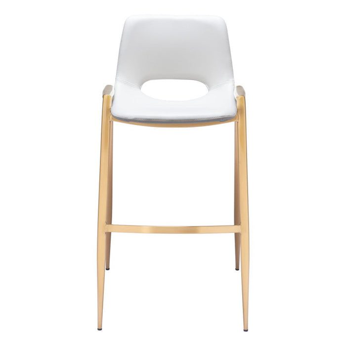 Set of 2 white faux leather and steel low back bar height chairs with gold accents, ideal for bar and counter seating.