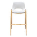 Set of 2 white faux leather and steel low back bar height chairs with gold accents, ideal for bar and counter seating.