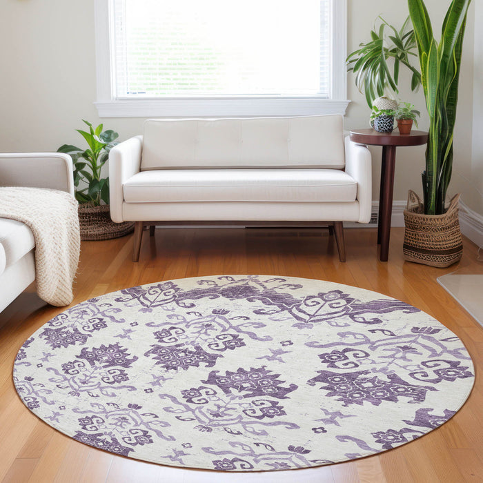 8' Medallion Washable Round Rug With UV Protection - Purple / Ivory