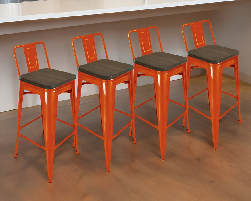 Wood And Steel Low Back Bar Height Bar Chairs (Set of 4) - Brown And Orange