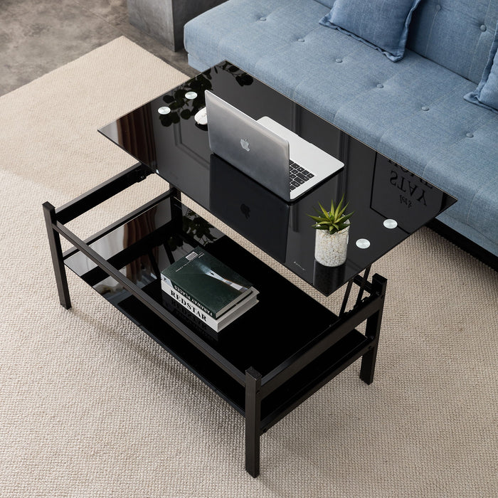 Giga black glass lift top coffee table with two-layer design and modern style, suitable for living room decor.