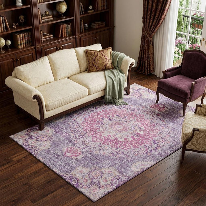 10' X 14' Floral Washable Area Rug With UV Protection (692244) - Purple / Beige / Ivory
