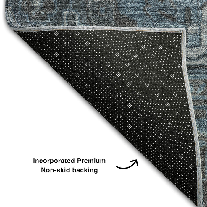 9' X 12' Medallion Distressed Washable Area Rug With UV Protection (649755) - Navy Blue / Gray