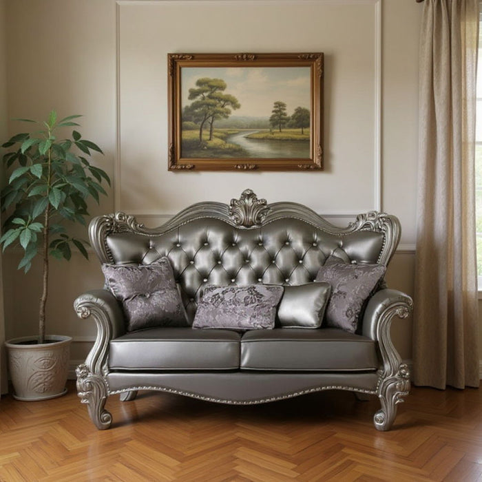Faux Leather Loveseat And Toss Pillows - Silver / Platinum