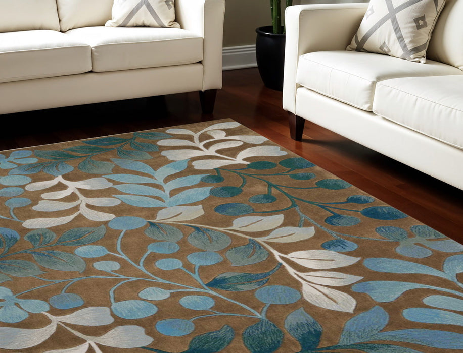 7' X 9' Boical Leaves Area Rug - Blue And Brown