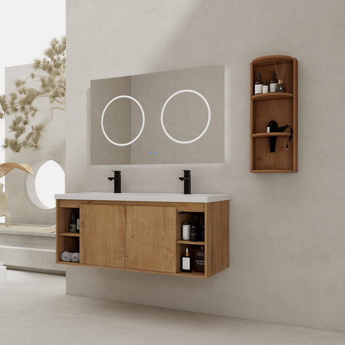 Modern 48-inch Giga wall-mounted bathroom vanity with double resin sinks, storage rack, and soft-close doors in imitative oak finish.