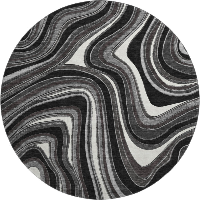 8' Marble Washable Round Rug With UV Protection - Black