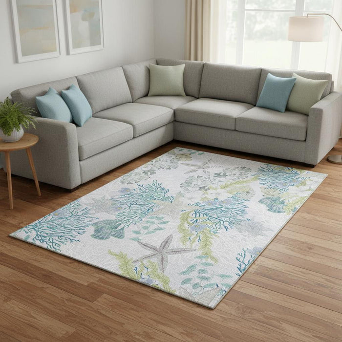 9' X 12' Geometric Washable Area Rug With UV Protection (645695) - Aqua / Ivory / Green