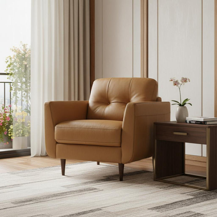 Genuine Leather And Black Tufted Arm Chair 35" - Camel