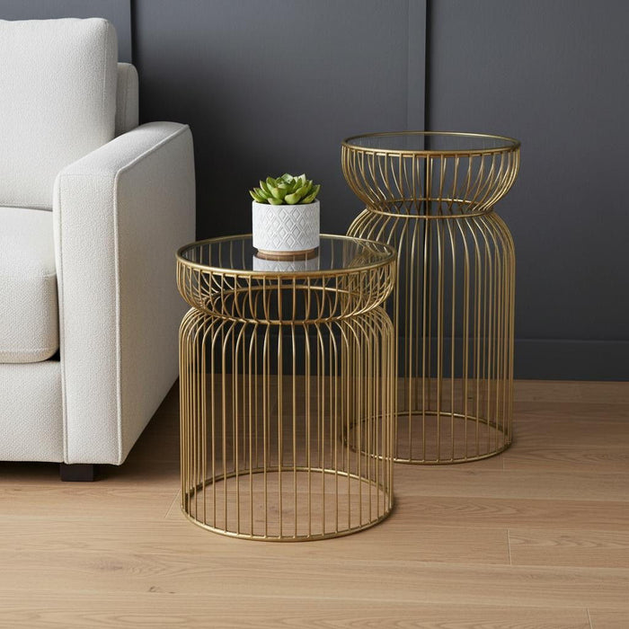Tempered Glass Metal Wire Round Drum End Tables (Set of 2) - Clear / Gold