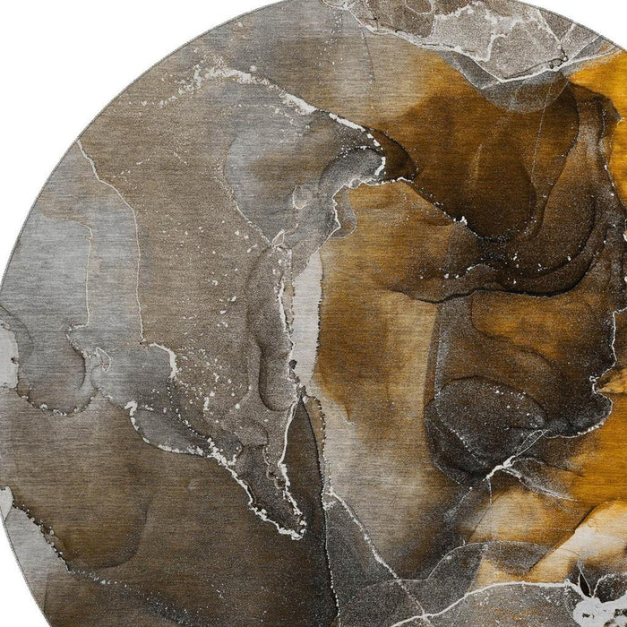 8' Abstract Washable Round Rug With UV Protection (646665) - Brown / Ivory