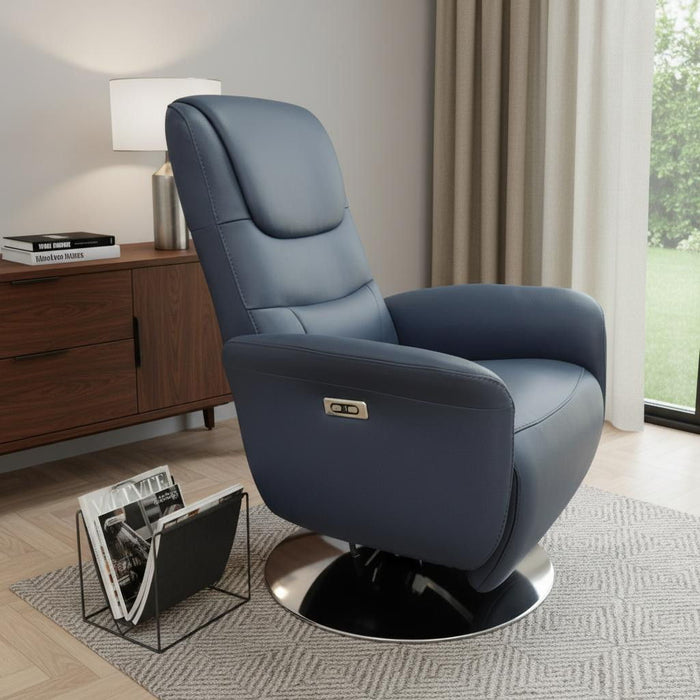 Tufted Genuine Leather Power Swivel Recliner (730554) - Navy Blue