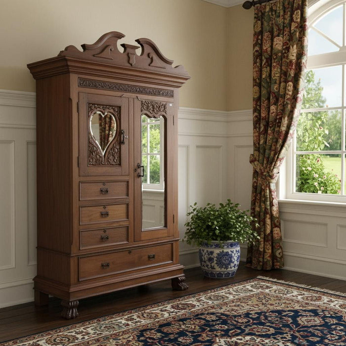 Reclaimed Wood Carved Scrollwork Accent Cabinet With Two Doors Four Drawers - Brown