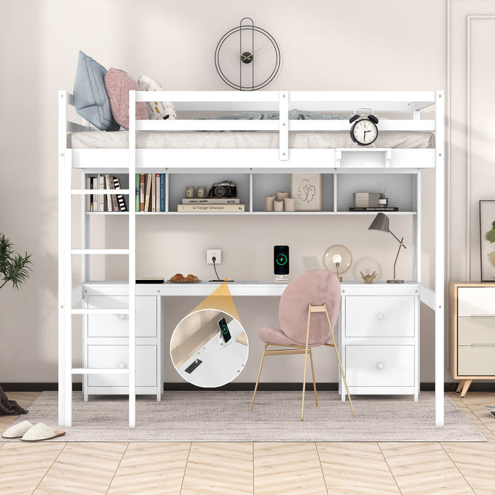 Giga loft bed with integrated desk, storage cabinets, drawers, charging station, and bedside tray in a modern bedroom setting.