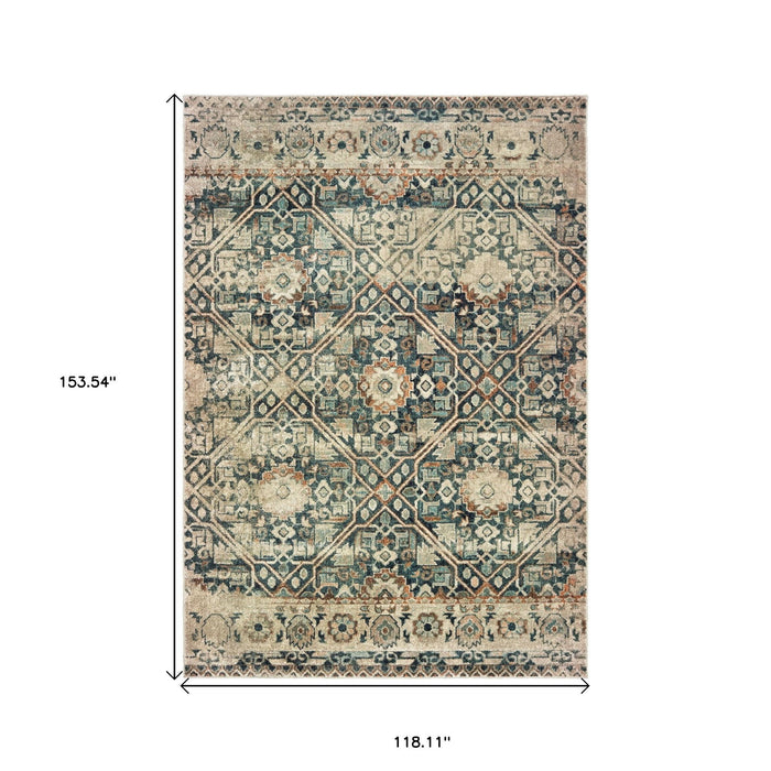 10' X 13' Geometric Distressed Area Rug - Blue And Ivory