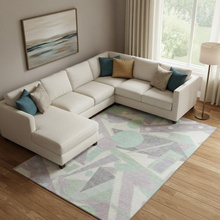10' X 14' Geometric Washable Area Rug With UV Protection (697386) - Lilac / Mint Green / Ivory