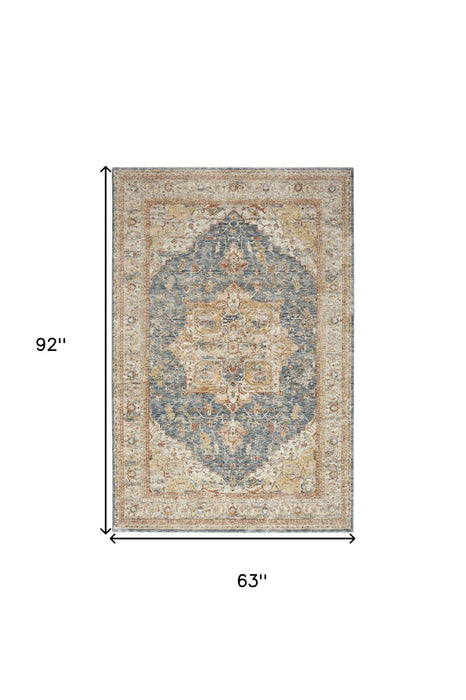 5' X 8' Floral Distressed Area Rug (550336) - Ivory / Blue