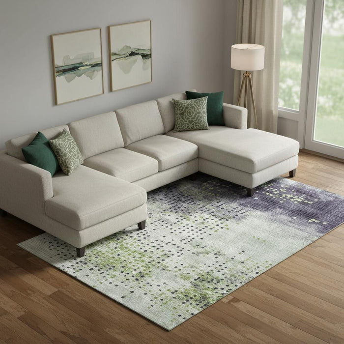 10' X 14' Geometric Washable Area Rug With UV Protection (710408) - Artichoke Green / Eggplant