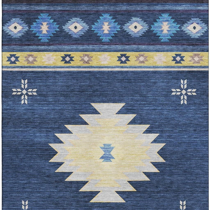 10' X 14' Geometric Washable Area Rug With UV Protection (645684) - Blue / Ivory / Gold