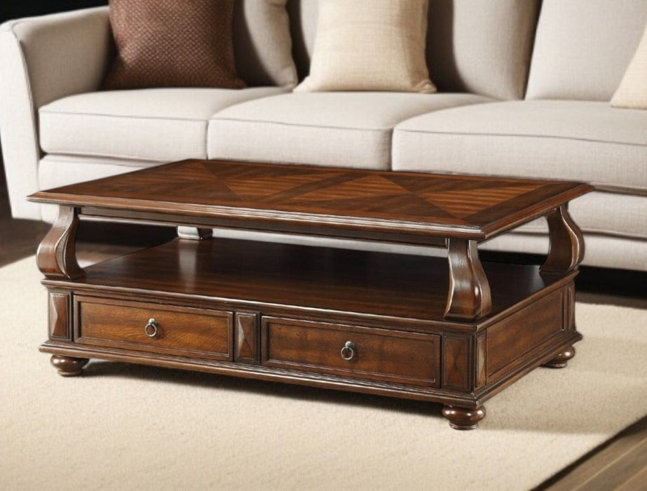 Solid Wood Coffee Table With Two Drawers And Shelf - Dark Brown
