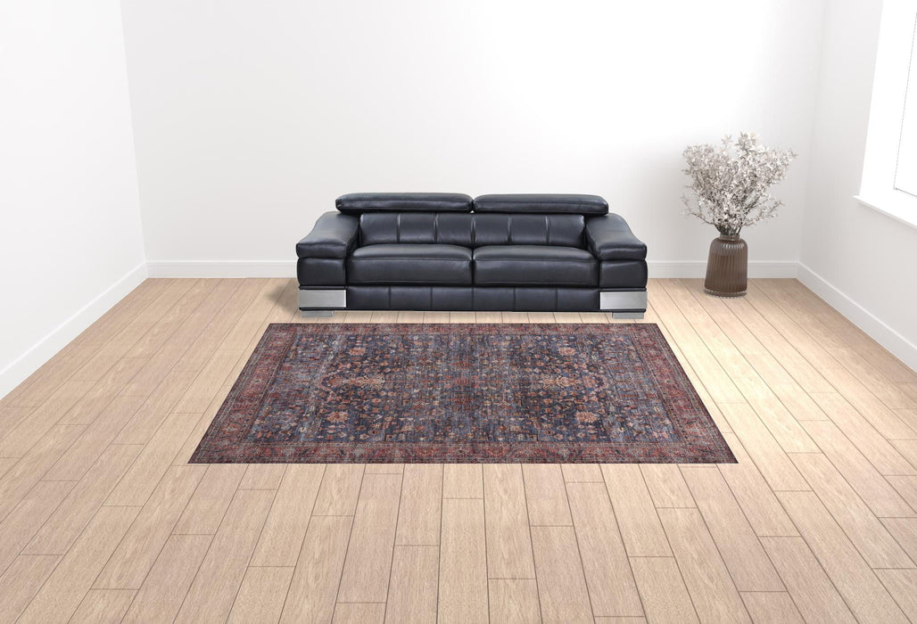 9' x 12' Oriental Power Loom Distressed Washable Non Skid Area Rug - Red And Blue