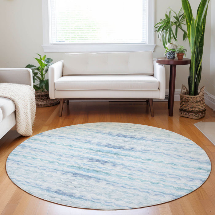 8' Coastal Geometric Washable Round Rug With UV Protection - Blue