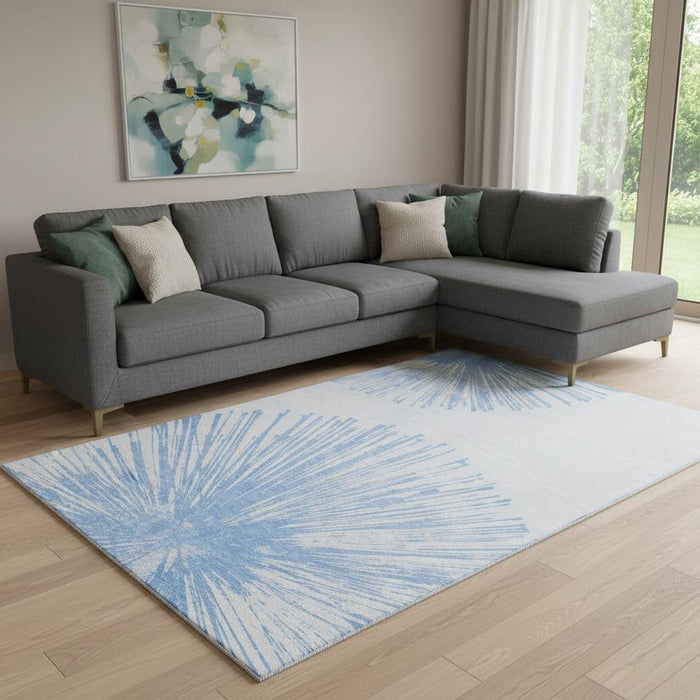 10' X 14' Abstract Washable Area Rug With UV Protection (653536) - Denim Blue / Ivory