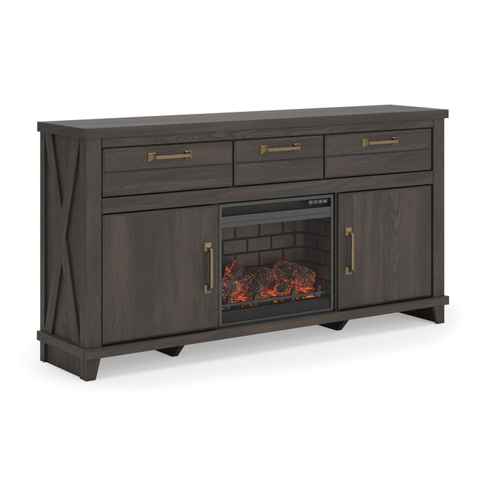 Signature Design by Ashley Brazen Valley TV stand with fireplace insert, wood finish, and modern storage compartments.