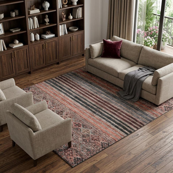 10' X 14' Striped Washable Area Rug With UV Protection (695750) - Rust / Gray / Salmon