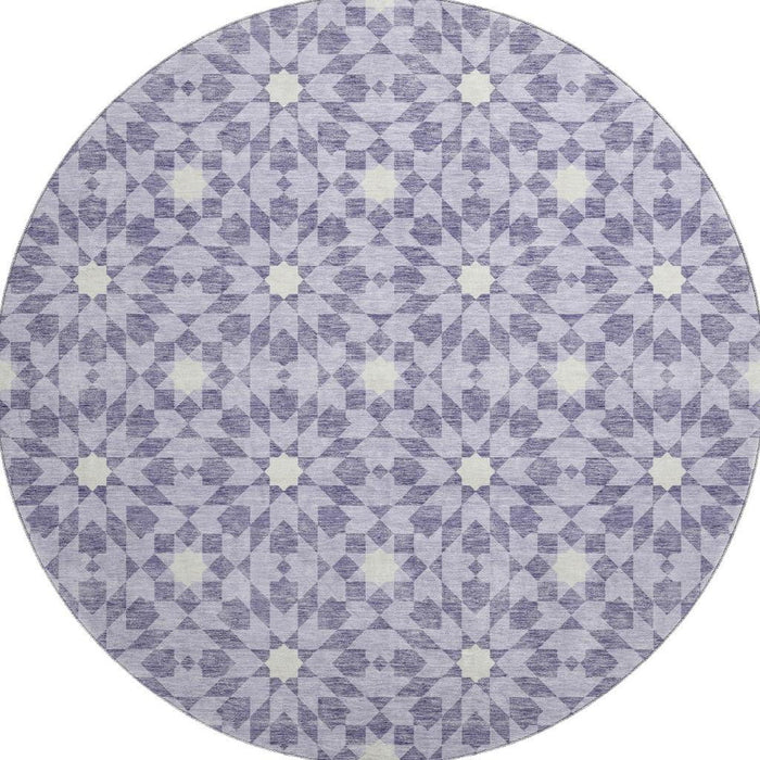 8' Geometric Washable Round Rug With UV Protection - Lilac And Ivory