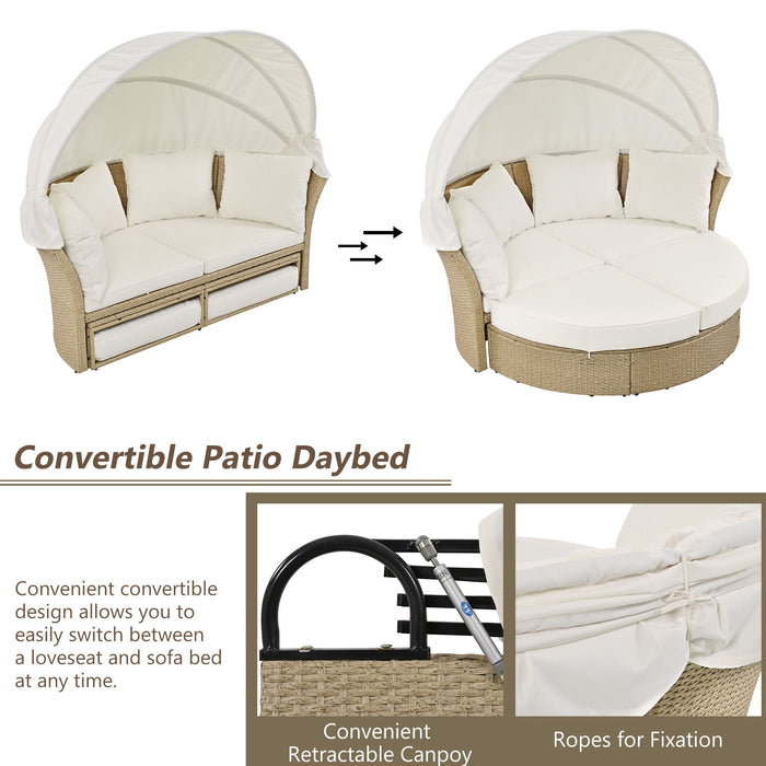 Giga outdoor wicker rattan double patio daybed with retractable canopy, round sofa with four pillows for lawn or garden seating