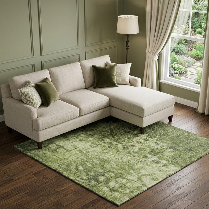 10' X 14' Washable Area Rug With UV Protection (650002) - Olive Green / Ivory