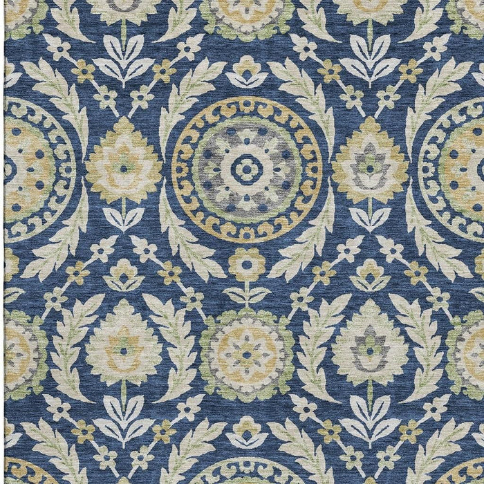 10' X 14' Floral Washable Area Rug With UV Protection - Navy Blue