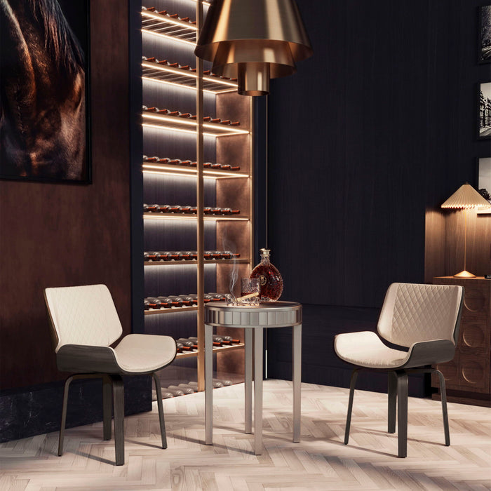 Set of two Giga mid-century modern dining chairs with beige upholstery, swivel seat, ergonomic design, and bentwood frame.