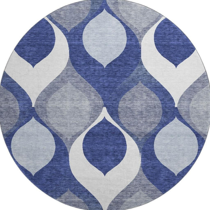 8' Ogee Washable Round Rug With UV Protection - Navy Blue
